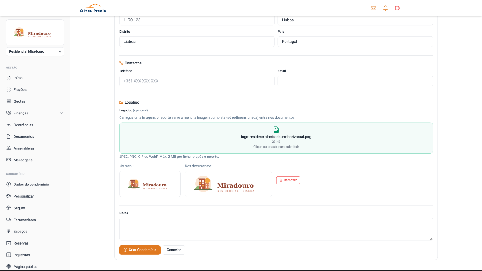 Pré-visualização do logótipo no menu e nos documentos