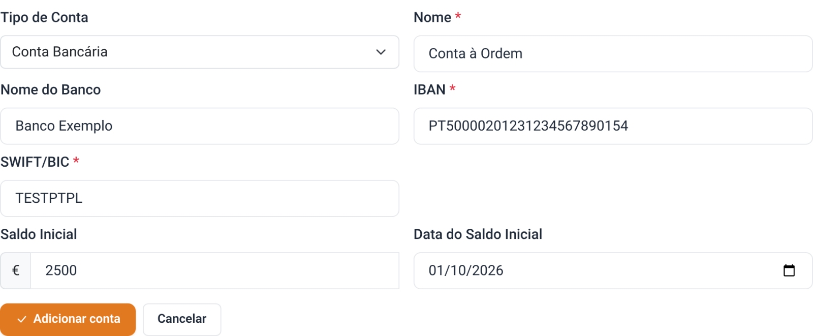 Formulário Adicionar nova conta com IBAN, SWIFT e saldo inicial