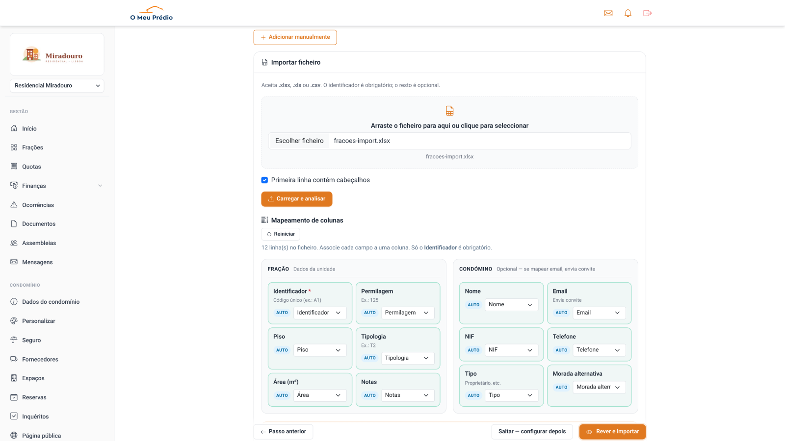 Mapeamento automático das colunas do ficheiro de frações
