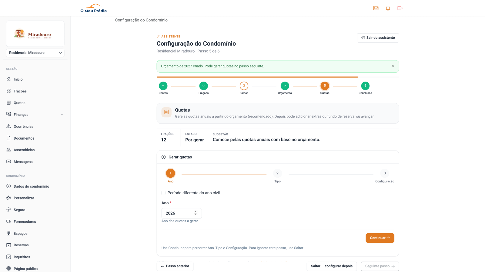Sub-passo Ano do gerador de quotas