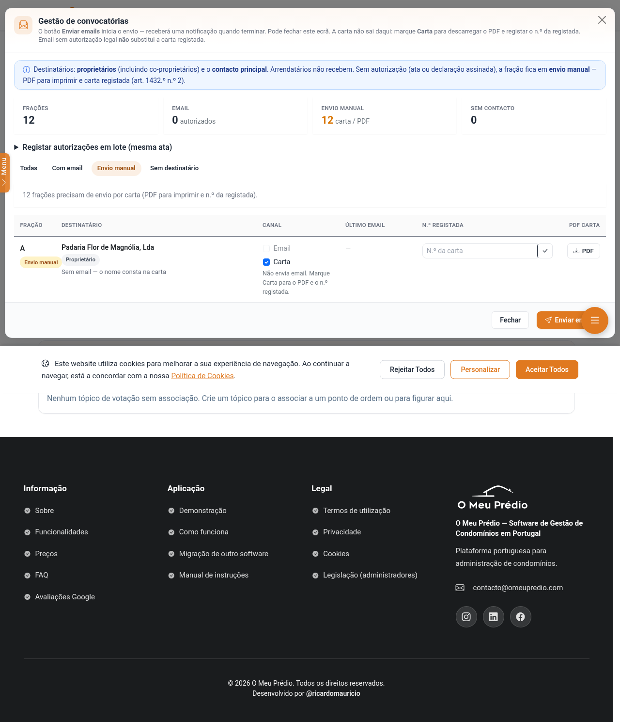 Gestão de convocatórias com envio manual