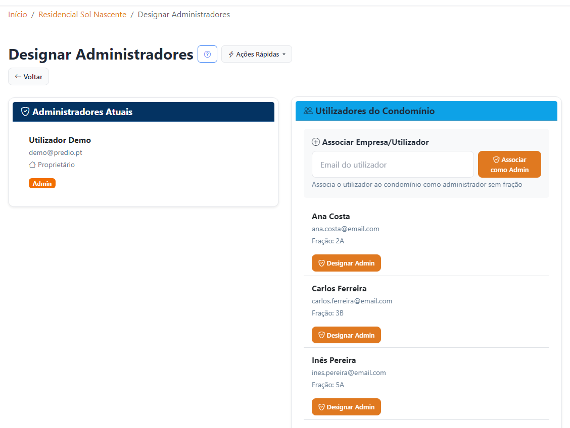 Ecrã para designar administradores do condomínio
