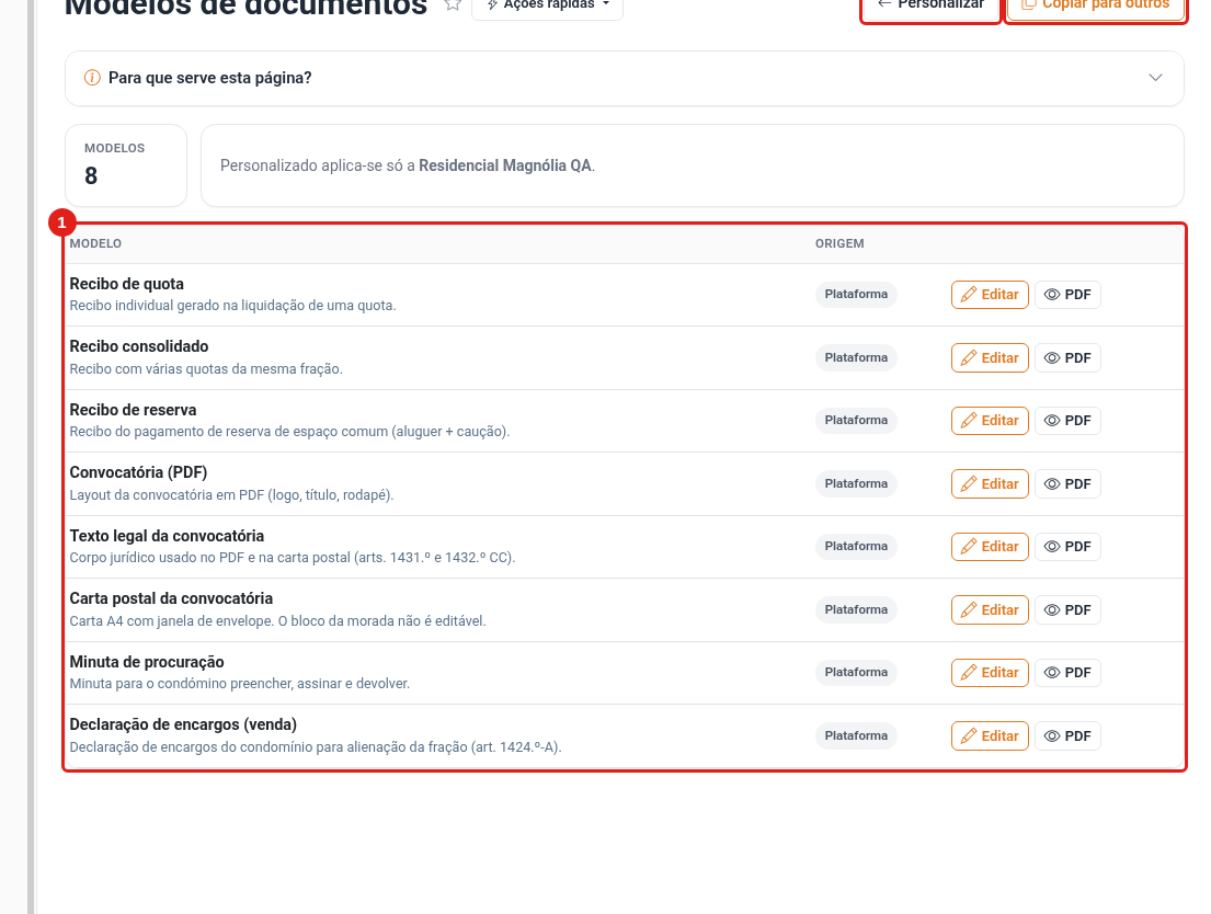 Lista de modelos de documentos