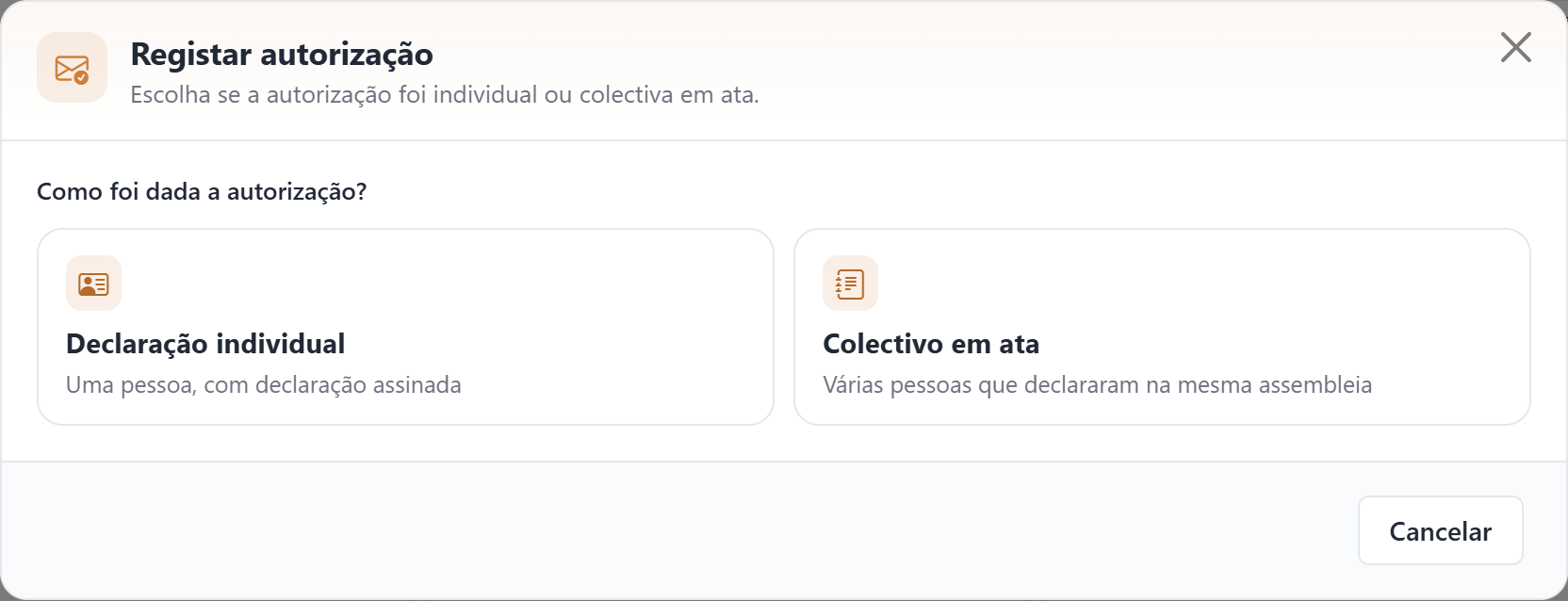 Modal para escolher declaração individual ou colectivo em ata