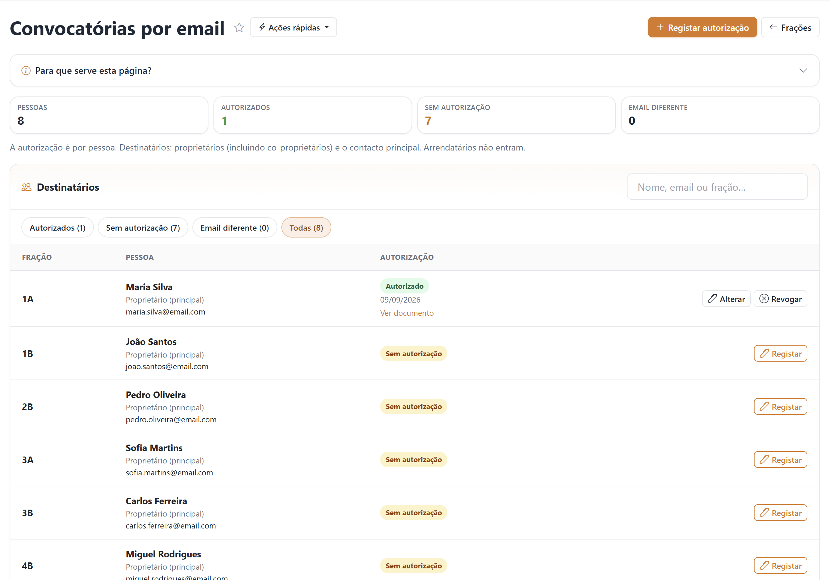 Página Convocatórias por email com resumo, filtros e lista de destinatários