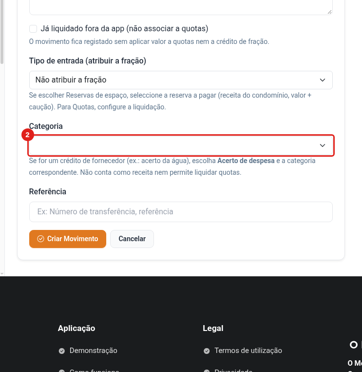 Opções de categoria numa entrada