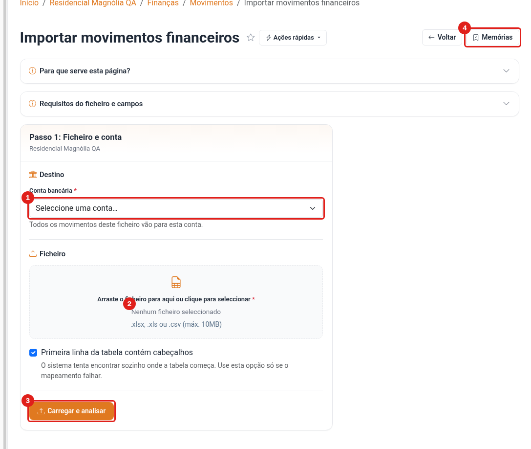 Escolher conta e ficheiro