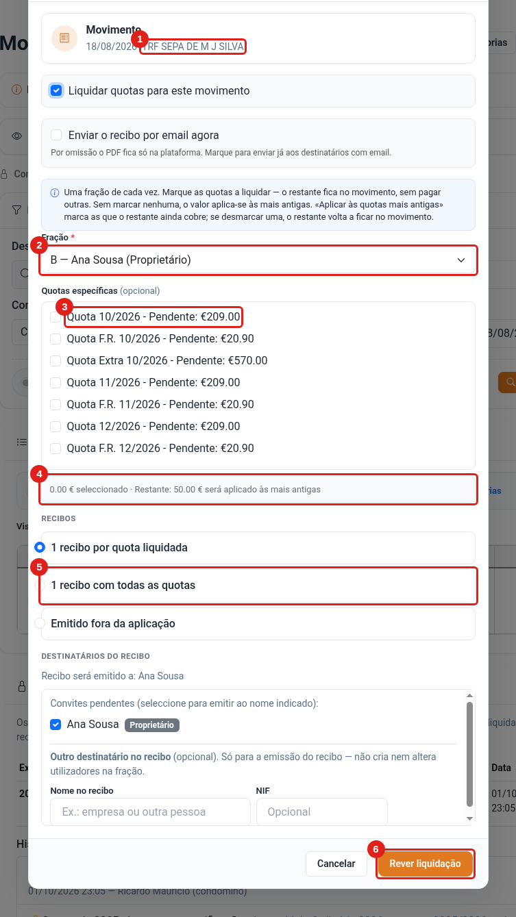 Modal de liquidação — escolher fração