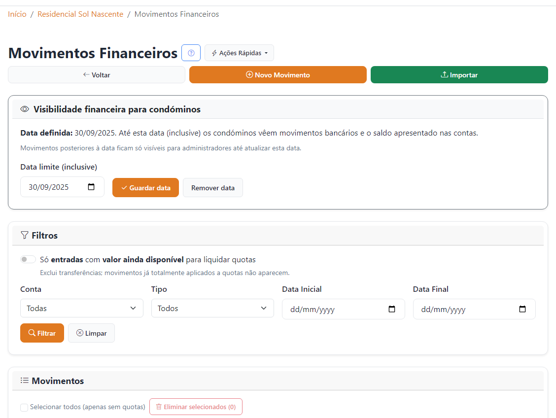 Lista de movimentos financeiros, onde os pagamentos de quotas são registados
