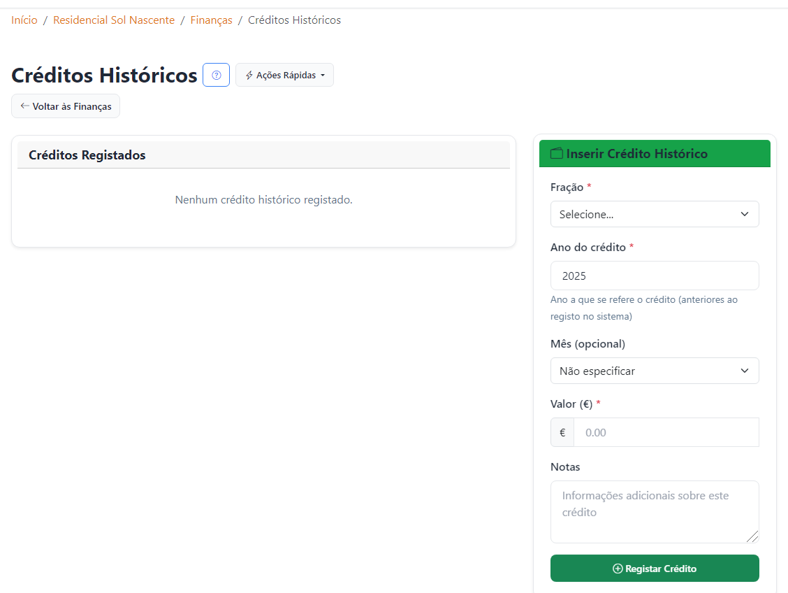 Lista de créditos históricos por fração