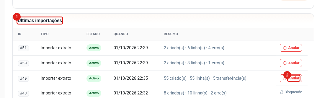 Anular últimas importações