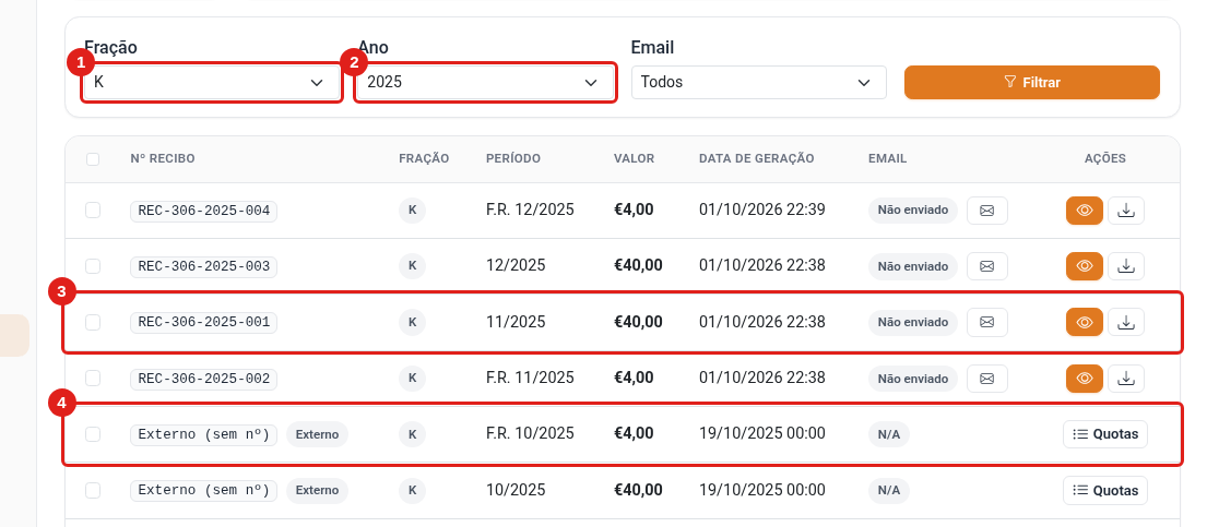Lista de recibos com filtros e externos