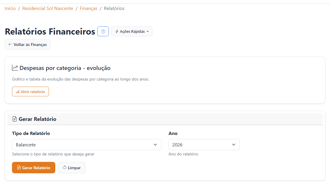 Página de relatórios financeiros do condomínio