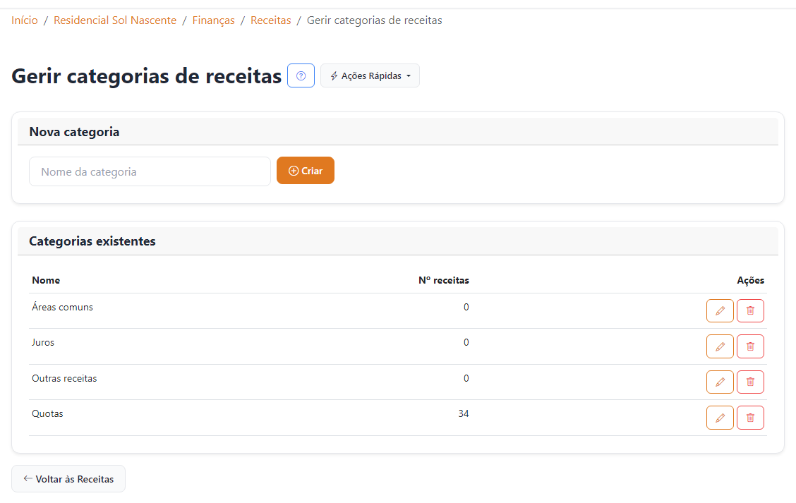 Gestão de categorias de receitas