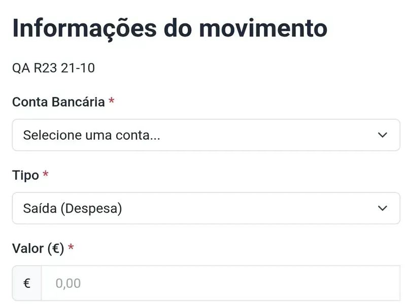 Ecrã do O Meu Prédio com o registo de uma despesa: conta bancária, tipo, valor, data, descrição e anexo da fatura, com dados de demonstração