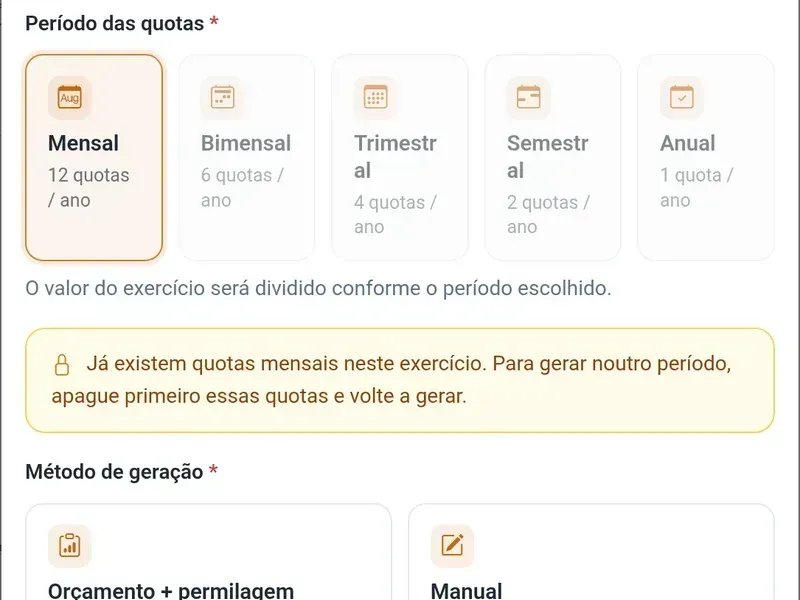 Ecrã do O Meu Prédio com o assistente de geração de quotas: escolha do período das quotas e do método de geração a partir do orçamento e da permilagem, com dados de demonstração