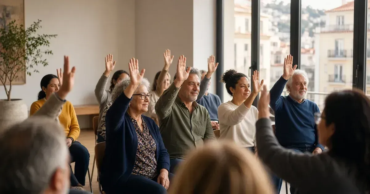 Condóminos de várias idades levantam a mão para votar numa assembleia de condomínio, numa sala com vista para Lisboa