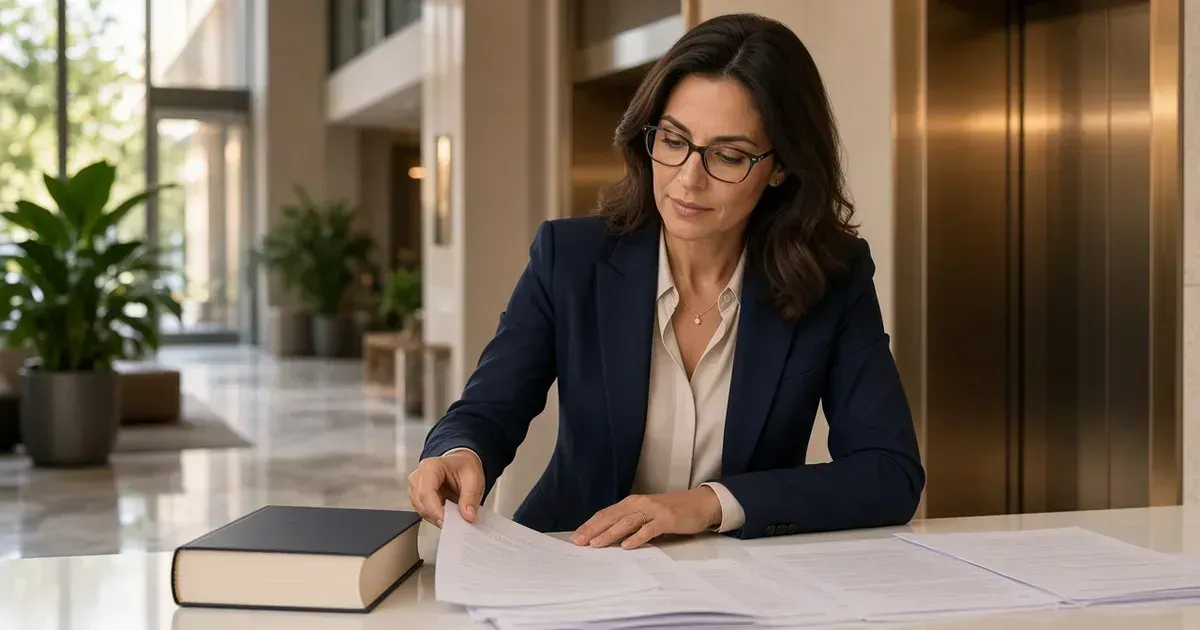 Administradora de condomínio a consultar documentos e um livro de legislação numa secretária