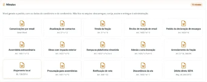 Ecrã: Minutas nos Documentos, incluindo o pedido da declaração de encargos