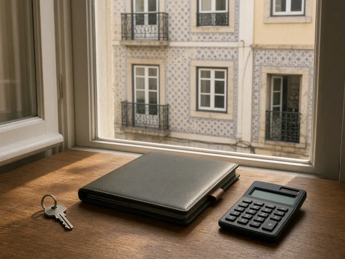Chave de casa, pasta de documentos e calculadora junto a uma janela com vista para um prédio de azulejo
