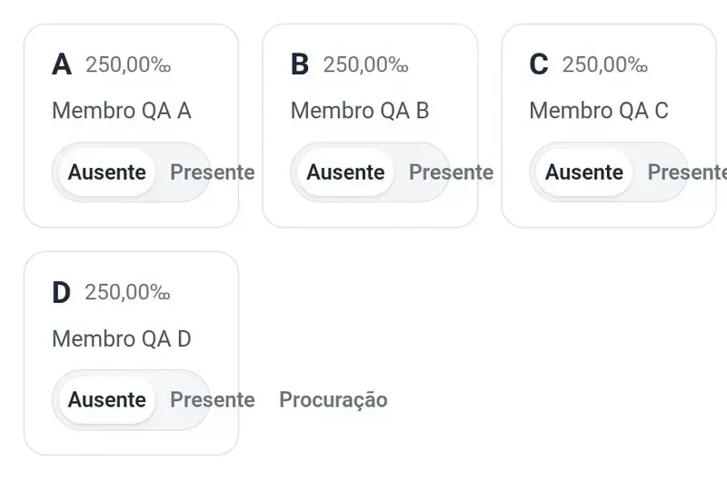 Ecrã do O Meu Prédio com o registo de presenças da assembleia: cada fração com a sua permilagem e as opções ausente, presente ou por procuração, com dados de demonstração