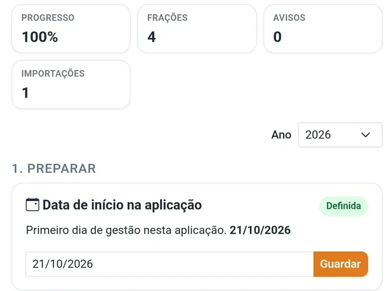Ecrã do O Meu Prédio com a migração: progresso, frações e avisos, e os primeiros passos de preparação com a data de início e as frações, com dados de demonstração