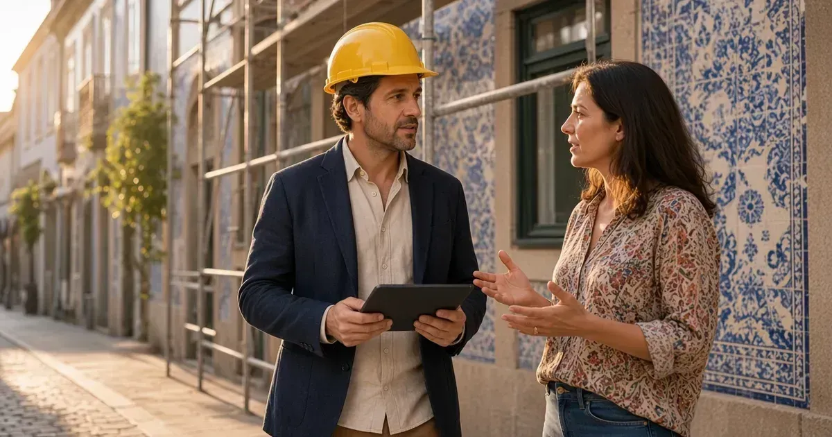 Técnico de obra e condómina a conversar em frente a um prédio de azulejos com andaimes em obras de reabilitação
