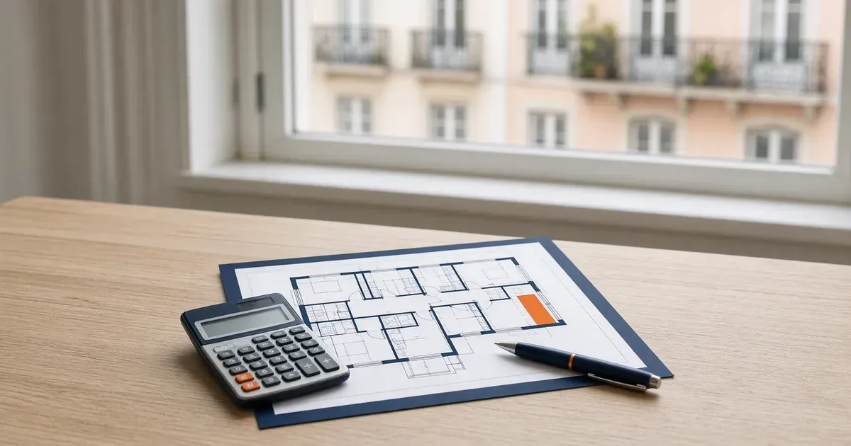 Planta de um prédio com calculadora e caneta sobre uma secretária, para calcular as quotas pela permilagem